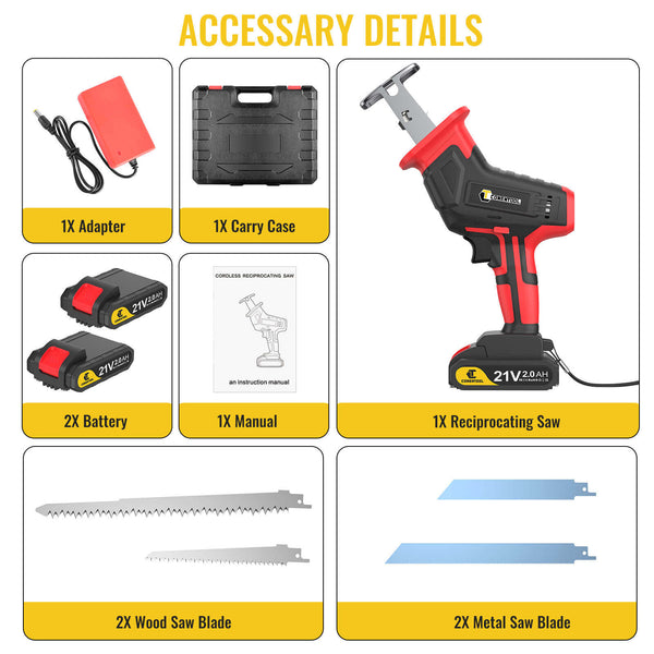21V 2000mAh Cordless Reciprocating Saw, With 2 Rechargeable Battery, LED Lighting | CONENTOOL