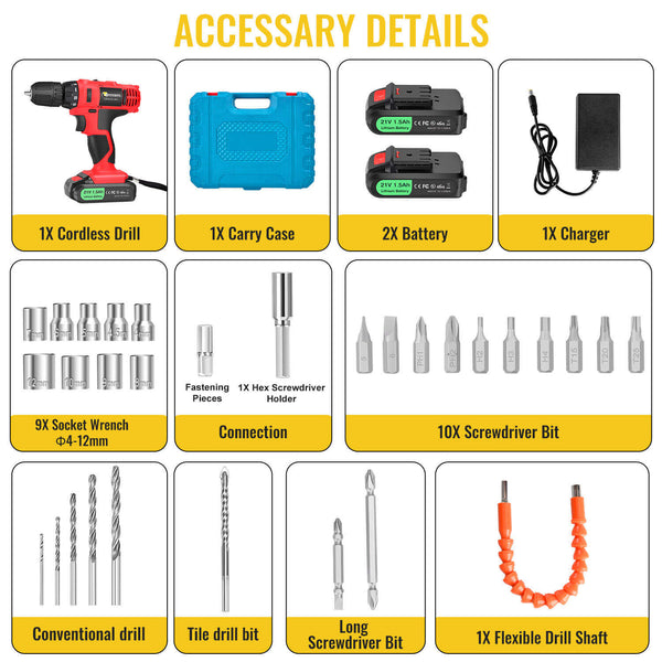 Cordless Red Impact Drill with 2 Rechargeable Battery  with 2 Speeds 21V  | CONENTOOL