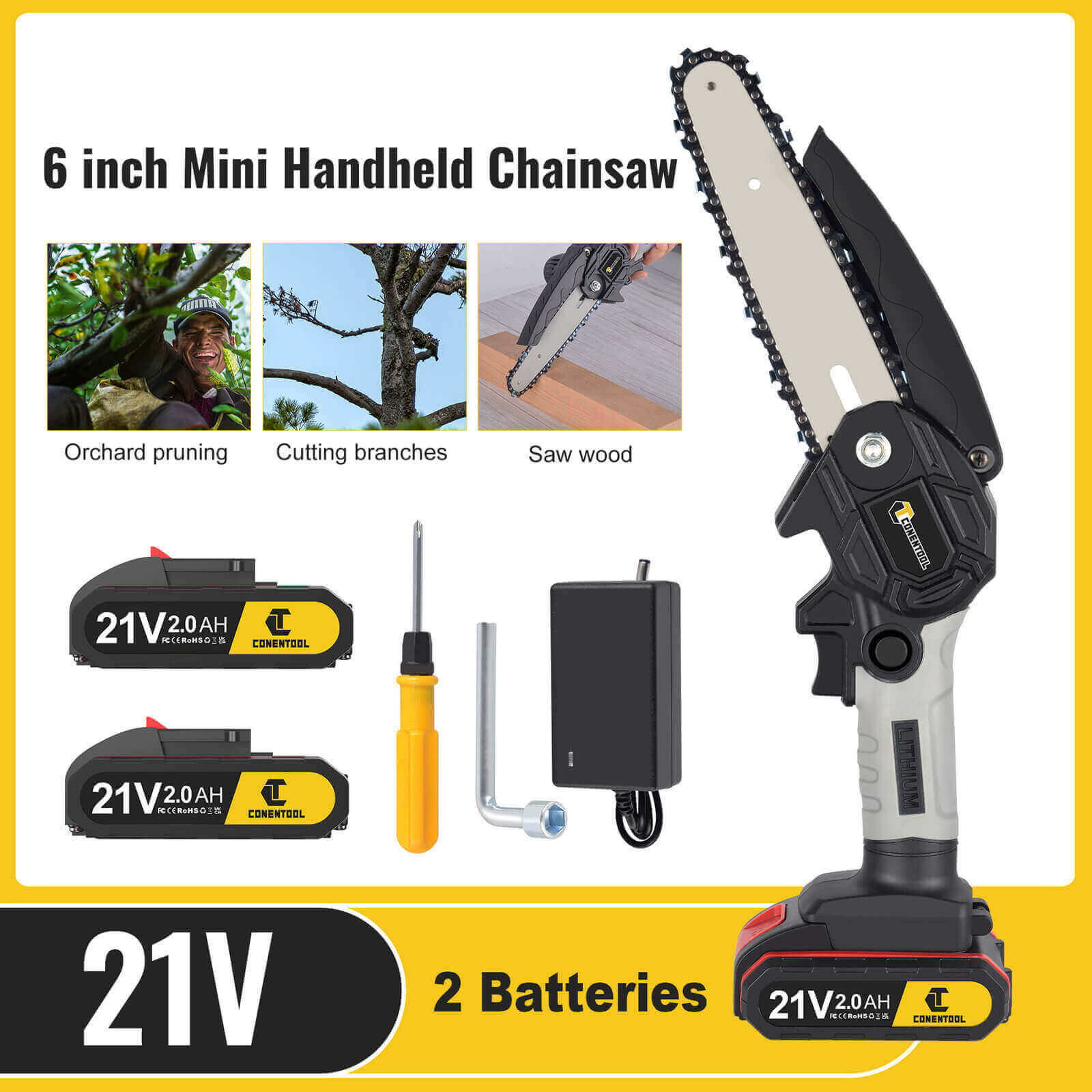 MiTool Kit 6-Inch Cordless Mini Chainsaw - 20V Battery Powered, 800W, Yellow