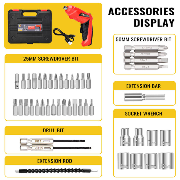 Power Cordless 3.6v 1300mAh Screwdriver with 47 Accessory Kit | CONENTOOL