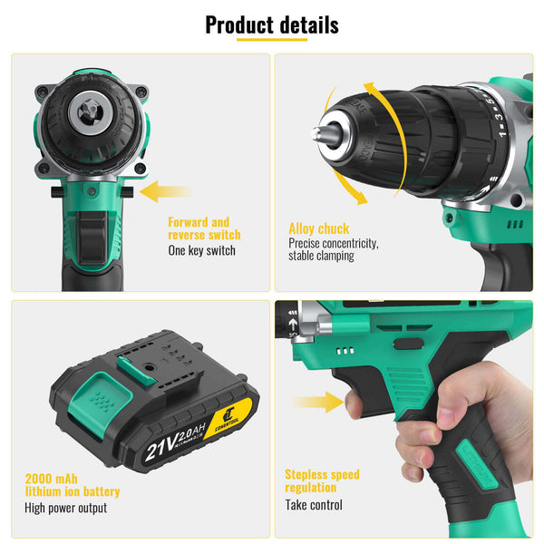 21V Cordless Drill Driver Kit, Cordless Screwdriver Tool Kit, 2* 1500mAh Batteries And Storage Bag | CONENTOOL