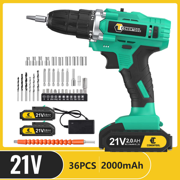 21V Cordless Drill Driver Kit, Cordless Screwdriver Tool Kit, 2* 1500mAh Batteries And Storage Bag | CONENTOOL