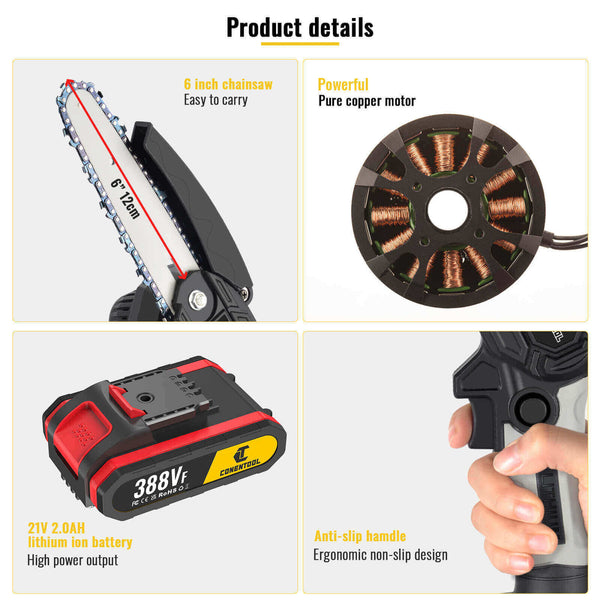 Mini Chainsaw Chainsaw With LED Light And 2 Batteries Cordless Chainsaw For Wood Cutting | CONENTOOL