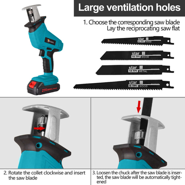 21V Cordless Reciprocating Saw With 2 Rechargeable Batteries, 4X Saw Blades | CONENTOOL
