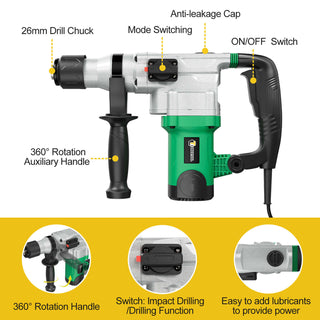 CONENTOOL 1600W Power Motor SDS Hammer Drill, 1000 r/min Heavy Duty Corded Electic Dills, 360 ° Rotary Hammers