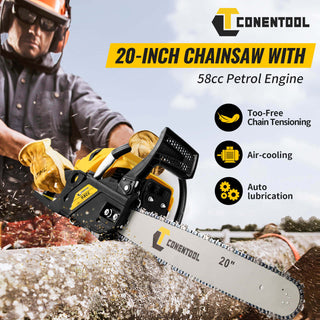 Conentool 2.2kW 2-Stroke 52CC Engine Petrol Chainsaw, With 20-inch Metal Chainsaw Blade And 550ml Large Capacity Fuel Tank