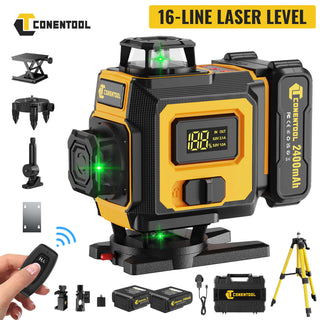 CONENTOOL LL03-ZC 16-Line Laser Level, 4*360° Full Layout, Self-Levelling Line Laser, Remote Cotrol, 2 x 2400 mAh Battery 8pcs accessories 1M Tripod