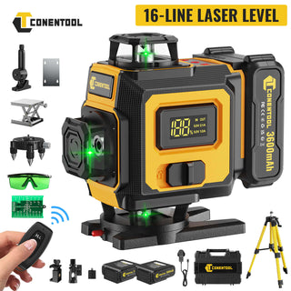 CONENTOOL LL03-ZC 16-Line Laser Level, 4*360° Full Layout, Self-Levelling Line Laser, Remote Cotrol, 2 x 3600 mAh Battery 10pcs accessories 1M Tripod