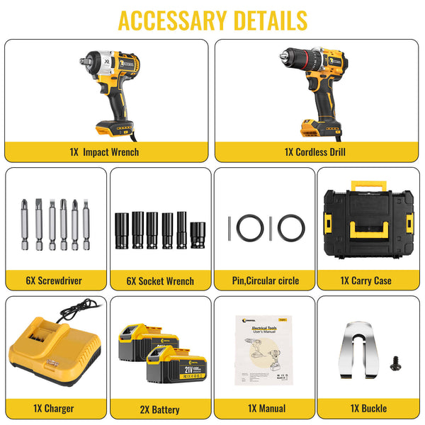 Conentool CTCD-W21V-012 21V Drill Driver Set, Wrench + Screwdriver Combination: 16 pcs Accessories, With 2X 4000mAh Batteries, Wrench: 350-400 N.m / Electric drill: 55 N.m