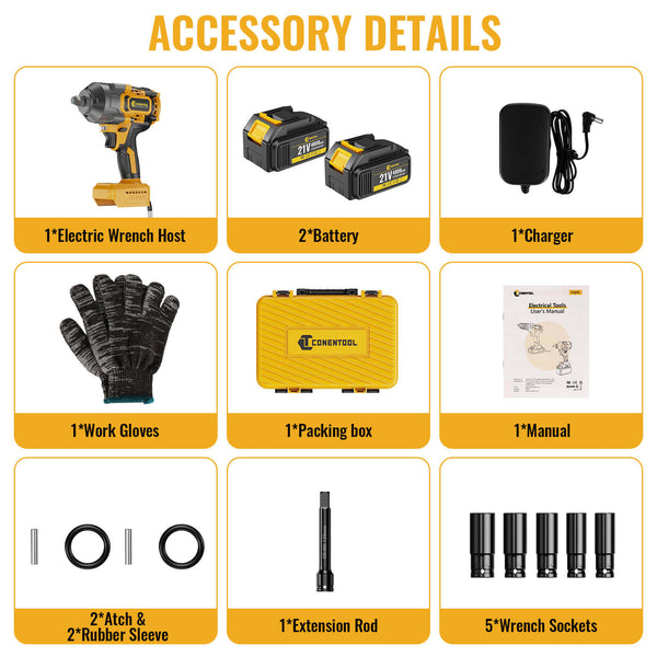 Conentool CTIW-W21V-019 21V Drill Driver Set, Electric wrench, With 2X 4000mAh Batteries, 1000 N.m 11pcs Wrench Accessories, 3ADJUSTABLE TORQUE MODES