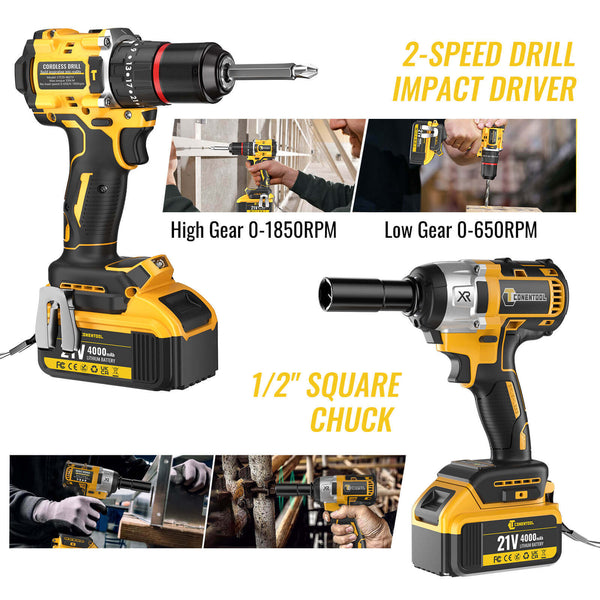 Conentool CTCD-W21V-012 21V Drill Driver Set, Wrench + Screwdriver Combination: 16 pcs Accessories, With 2X 4000mAh Batteries, Wrench: 350-400 N.m / Electric drill: 55 N.m