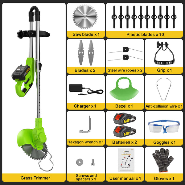 CONENTOOL D1001 Cordless Strimmer Grass Trimmer Cutter Garden Lawn Edger +2 Rechargeable Battery, 2000mAh