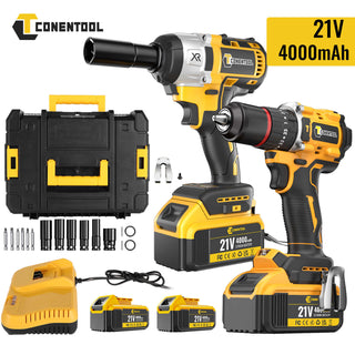 Conentool CTCD-W21V-012 21V Drill Driver Set, Wrench + Screwdriver Combination: 16 pcs Accessories, With 2X 4000mAh Batteries, Wrench: 350-400 N.m / Electric drill: 55 N.m