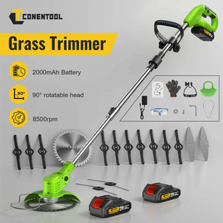 CONENTOOL D1001 Cordless Strimmer Grass Trimmer Cutter Garden Lawn Edger +2 Rechargeable Battery, 2000mAh