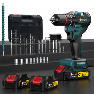 Conentool 21V Brushless Drill Driver Set, Electric Screwdriver with 2X 2500mAh Batteries, 55 N.m Max Combi Drill, 35+3 Torque Power Drills