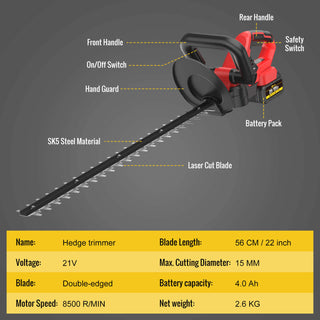 CONENTOOL LLJ003 21V 22-inch Hedge trimmer +2 Rechargeable Battery, 4000mAh, Suitable For Yards