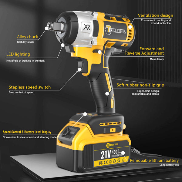 Conentool CTCD-W21V-012 21V Drill Driver Set, Wrench + Screwdriver Combination: 16 pcs Accessories, With 2X 4000mAh Batteries, Wrench: 350-400 N.m / Electric drill: 55 N.m