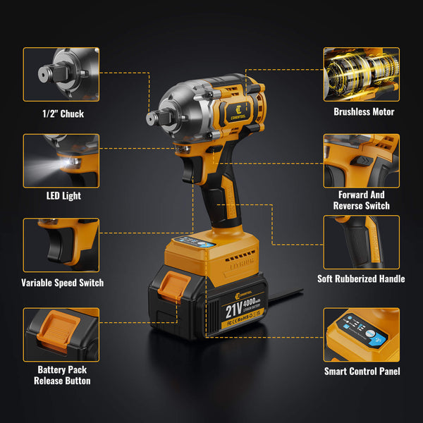 Conentool CTIW-W21V-014 21V Drill Driver Set, 2-in-1 Multifunctional Impact Wrench, With 2X 4000mAh Batteries, 680 N.m 12pcs Wrench Accessories