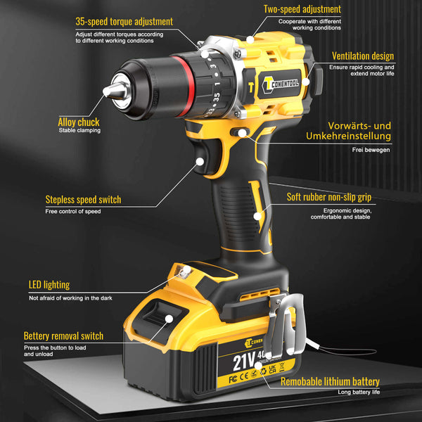 Conentool CTCD-W21V-012 21V Drill Driver Set, Wrench + Screwdriver Combination: 16 pcs Accessories, With 2X 4000mAh Batteries, Wrench: 350-400 N.m / Electric drill: 55 N.m