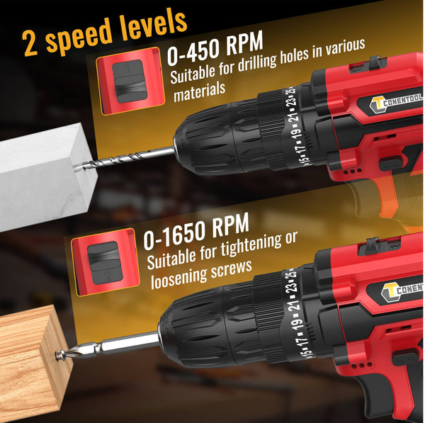 Conentool 12V Drill Driver Set, Electric Screwdriver with 2X 2000mAh Batteries, 35 N.m 34PCS Combi Drill, 25+1 Adjustable Clutch