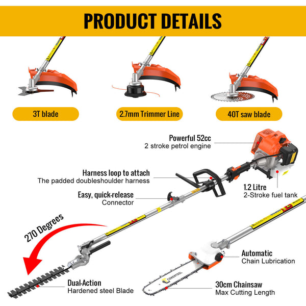 CONENTOOL WS-52-5C 5 in 1 Hedge Trimmer Multi Tool Petrol Strimmer BrushCutter Garden Chainsaw