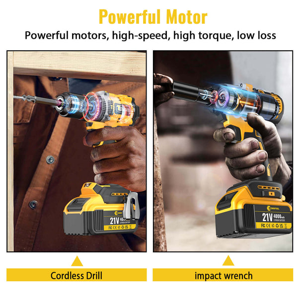 Conentool CTCD-W21V-012 21V Drill Driver Set, Wrench + Screwdriver Combination: 16 pcs Accessories, With 2X 4000mAh Batteries, Wrench: 350-400 N.m / Electric drill: 55 N.m