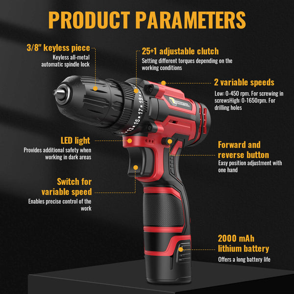 Conentool 12V Drill Driver Set, Electric Screwdriver with 2X 2000mAh Batteries, 35 N.m 34PCS Combi Drill, 25+1 Adjustable Clutch