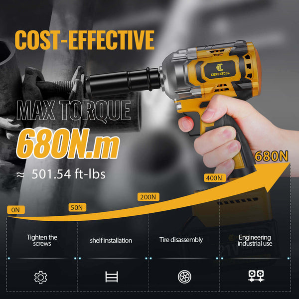 Conentool 680Nm(500ft-lbs) Brushless Impact Wrench High Torque, 2 Power Battery Impact Gun w/ 4.0Ah Battery, Fast Charger, Variable Speeds for Car Tire Truck RV Mower