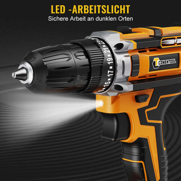 Conentool CTCD-Y21V-015 21V Drill Driver Set, Electric Screwdriver with 2X 2000mAh Batteries, 45 N.m 38PCS Combi Drill, 25+1 Adjustable Clutch