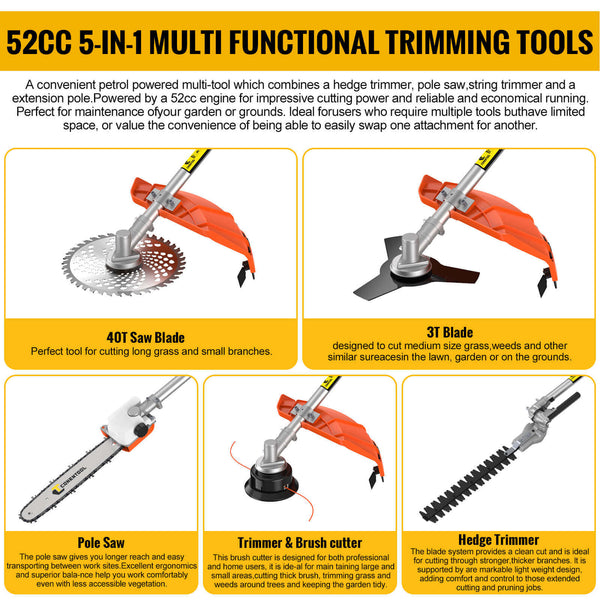 CONENTOOL WS-52-5C 5 in 1 Hedge Trimmer Multi Tool Petrol Strimmer BrushCutter Garden Chainsaw