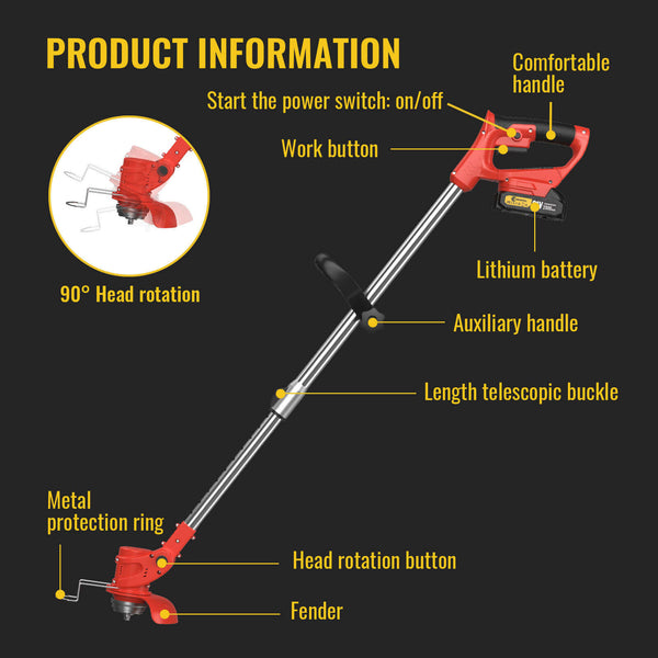 CONENTOOL D1002 21V Cordless Strimmer Grass Trimmer Cutter Garden Lawn Edger +2 Rechargeable Battery, 2000mAh