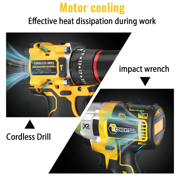Conentool CTCD-W21V-012 21V Drill Driver Set, Wrench + Screwdriver Combination: 16 pcs Accessories, With 2X 4000mAh Batteries, Wrench: 350-400 N.m / Electric drill: 55 N.m