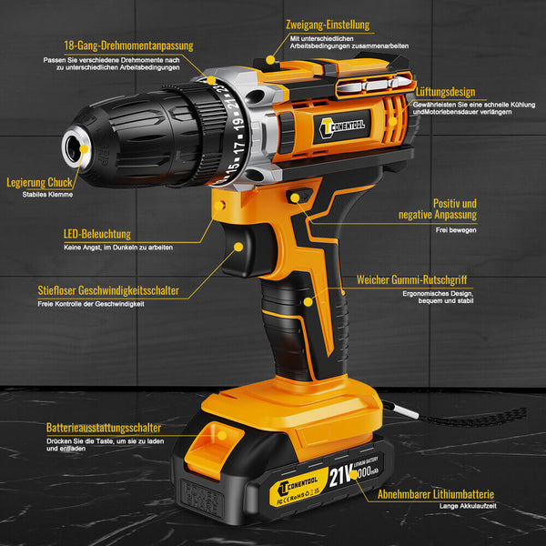 Conentool CTCD-Y21V-015 21V Drill Driver Set, Electric Screwdriver with 2X 2000mAh Batteries, 45 N.m 38PCS Combi Drill, 25+1 Adjustable Clutch