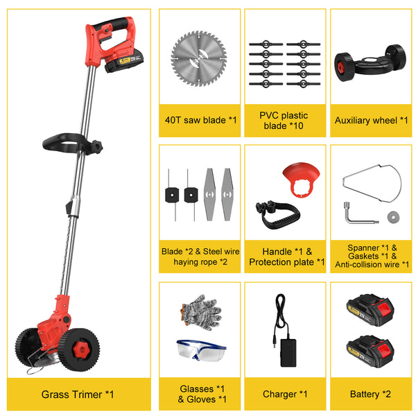 CONENTOOL D1003 21V Cordless Strimmer Grass Trimmer Cutter Garden Lawn Edger +2 Rechargeable Battery, 2000mAh, Suitable For Yards & Gardens