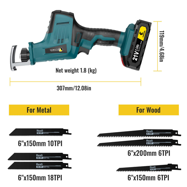 CONENTOOL Reciprocating Saw 21V/1280w, 0-3000 RPM Cordless Electric Reciprocating Saw with 2X 2500mAh Batteries, 15mm Cutting Width, Tool-Free Blade Change