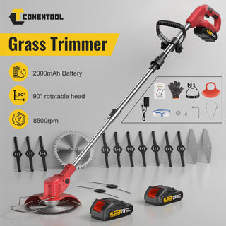 CONENTOOL D1001 Cordless Strimmer Grass Trimmer Cutter Garden Lawn Edger +2 Rechargeable Battery, 2000mAh