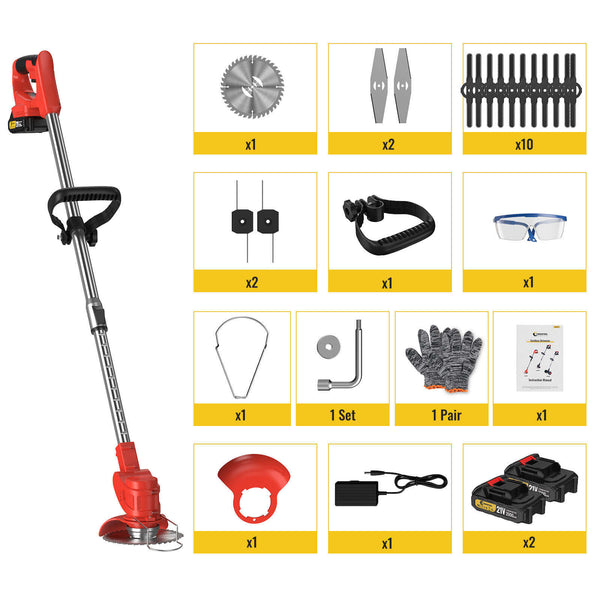 CONENTOOL D1002 21V Cordless Strimmer Grass Trimmer Cutter Garden Lawn Edger +2 Rechargeable Battery, 2000mAh
