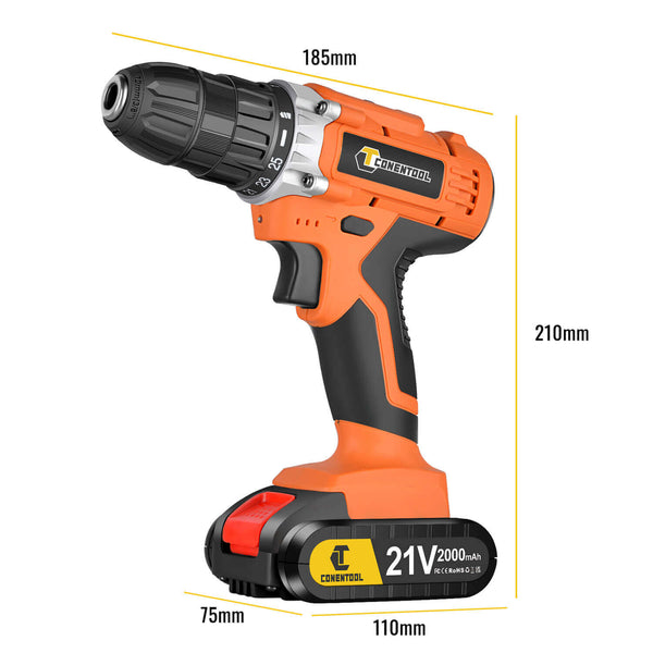 Conentool CTCD-Y21V-009 21V Drill Driver Set, Electric Screwdriver with 2X 2000mAh Batteries, 45 N.m 36PCS Combi Drill, 25+1 Adjustable Clutch