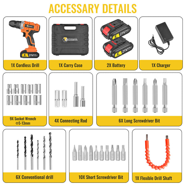 Conentool CTCD-Y21V-009 21V Drill Driver Set, Electric Screwdriver with 2X 2000mAh Batteries, 45 N.m 36PCS Combi Drill, 25+1 Adjustable Clutch