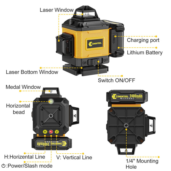CONENTOOL 16-Line Laser Level, 4*360° Full Layout, Self-Levelling Line Laser, Remote Cotrol, 2 x 2400 mAh Battery 6pcs accessories