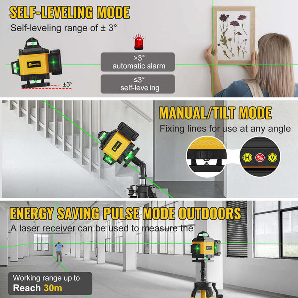 CONENTOOL 16-Line Laser Level, 4*360° Full Layout, Self-Levelling Line Laser, Remote Cotrol, 2 x 2400 mAh Battery 8pcs accessories 1m Tripod