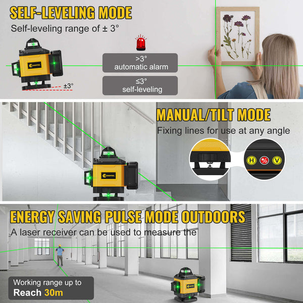 CONENTOOL 16-Line Laser Level, 4*360° Full Layout, Self-Levelling Line Laser, Remote Cotrol, 2 x 2400 mAh Battery 6pcs accessories