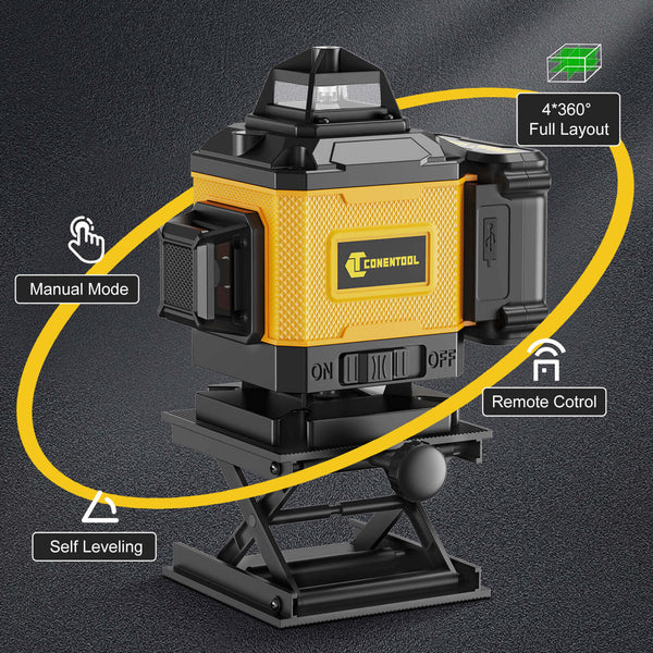 CONENTOOL 16-Line Laser Level, 4*360° Full Layout, Self-Levelling Line Laser, Remote Cotrol, 2 x 2400 mAh Battery 6pcs accessories