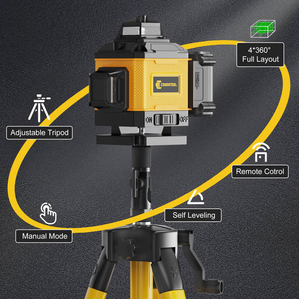 CONENTOOL 16-Line Laser Level, 4*360° Full Layout, Self-Levelling Line Laser, Remote Cotrol, 2 x 2400 mAh Battery 8pcs accessories 1m Tripod