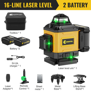 CONENTOOL 16-Line Laser Level, 4*360° Full Layout, Self-Levelling Line Laser, Remote Cotrol, 2 x 2400 mAh Battery 6pcs accessories
