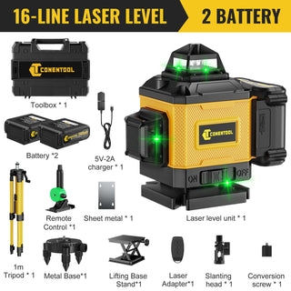 CONENTOOL 16-Line Laser Level, 4*360° Full Layout, Self-Levelling Line Laser, Remote Cotrol, 2 x 2400 mAh Battery 8pcs accessories 1m Tripod