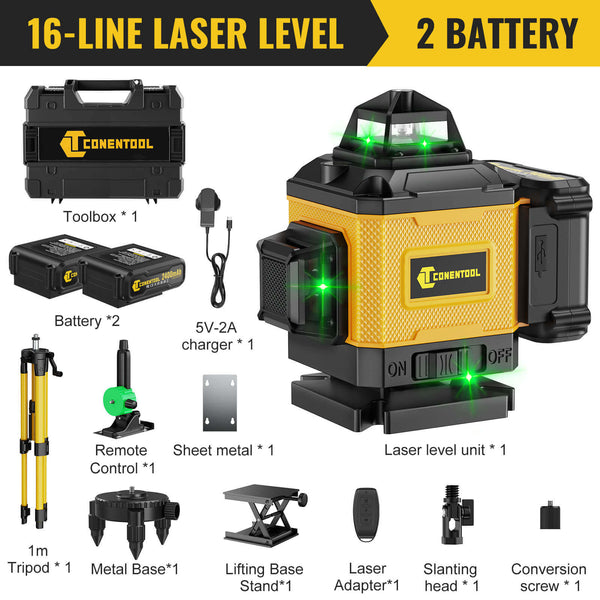 CONENTOOL 16-Line Laser Level, 4*360° Full Layout, Self-Levelling Line Laser, Remote Cotrol, 2 x 2400 mAh Battery 8pcs accessories 1m Tripod