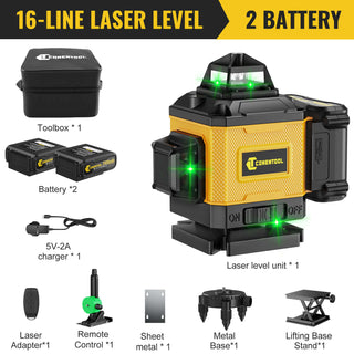 CONENTOOL 16-Line Laser Level, 4*360° Full Layout, Self-Levelling Line Laser, Remote Cotrol, 2 x 2400 mAh Battery 6pcs accessories