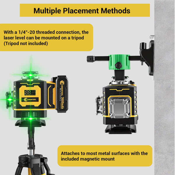 CONENTOOL LL02-G 16-Line Laser Level, 4*360° Full Layout, Self-Levelling Line Laser, Remote Cotrol, 2 x 3600 mAh Battery 10pcs accessories 1M Tripod