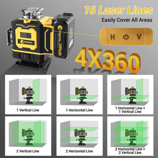 CONENTOOL LL02-G 16-Line Laser Level, 4*360° Full Layout, Self-Levelling Line Laser, Remote Cotrol, 2 x 2400 mAh Battery 6pcs accessories